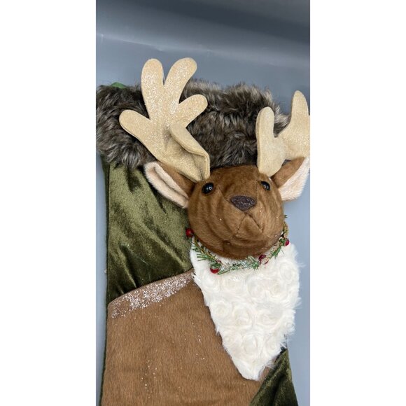 North Pole Trading Co Reindeer Stocking With Faux Fur Body Holly Accent Trees - Picture 4 of 15